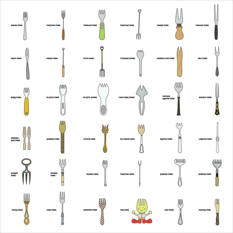 crianças desenhando desenho animado vetor ilustração conjunto diferente tipos garfos isolado dentro rabisco estilo