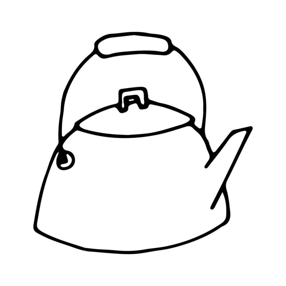 chá chaleira dentro rabisco estilo, velho metal chaleira contorno desenhado editável ícone para cozinha utensílio ou acampamento equipamento vetor