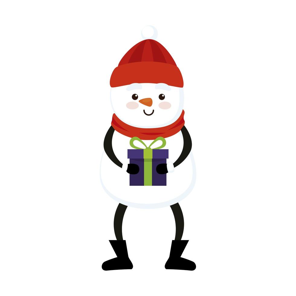 boneco de neve fofo feliz natal com caixa de presente vetor
