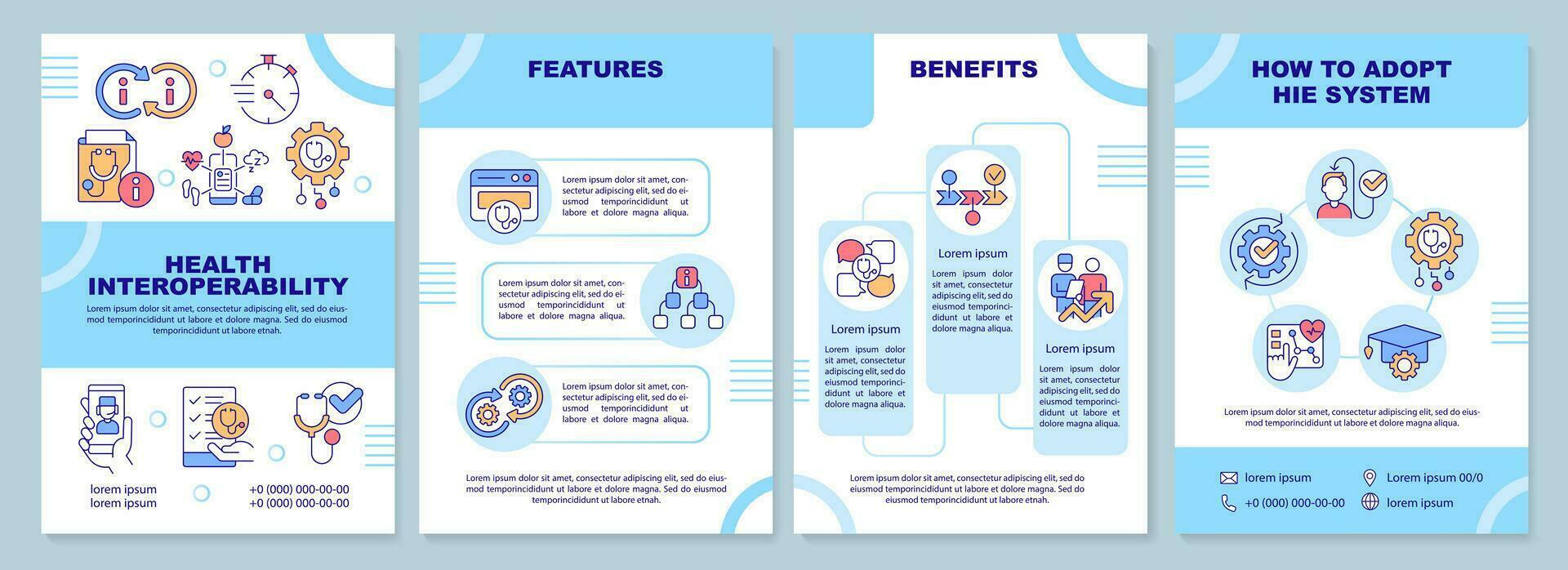 2d saúde interoperabilidade Recursos azul folheto modelo, folheto Projeto com fino linha ícones, 4 vetor layouts.