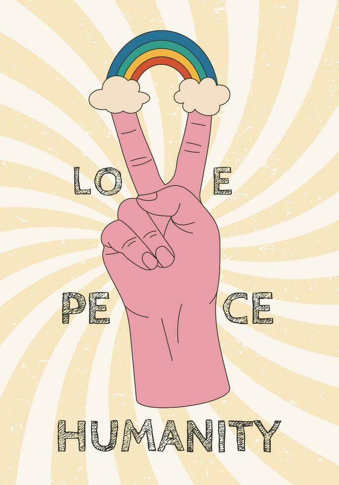 Paz mão gesto placa com colorida arco-íris, nuvens e amor, paz, humanidade palavras em texturizado retro fundo. adesivo conceito para cartazes ou camiseta Projeto. vintage estilizado vetor ilustração