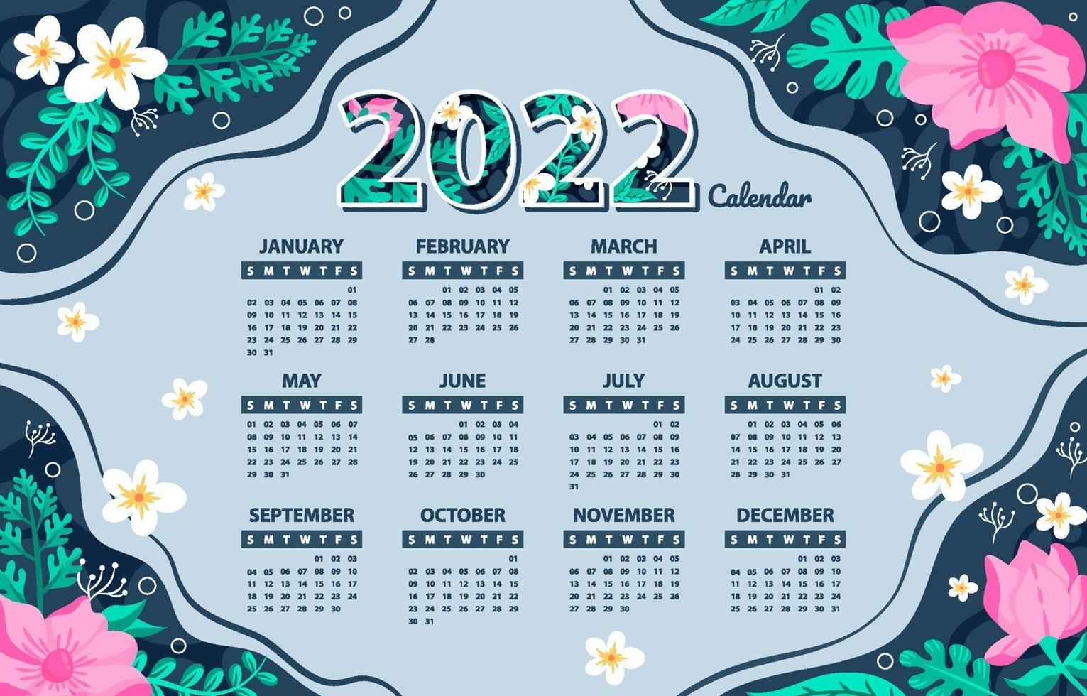 modelo de calendário floral 2022 vetor