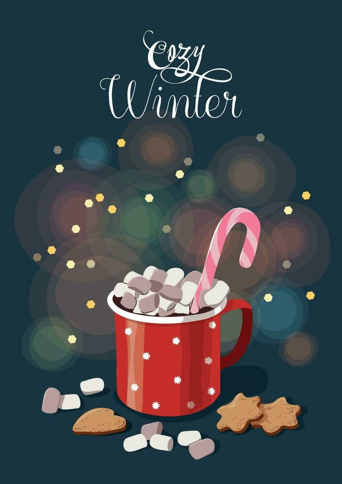 inverno quente chocolate vermelho copo marshmallow. colorida poster com vermelho caneca do quente chocolate, marshmallow e biscoitos. acolhedor inverno rotulação. Natal cumprimento cartão Projeto elemento. vetor