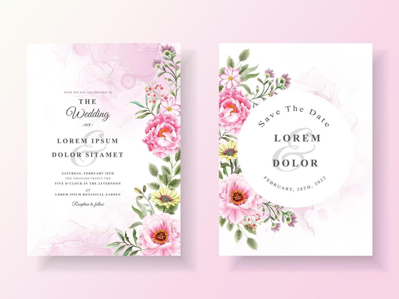 cartões de convite de casamento romântico aquarela floral vetor