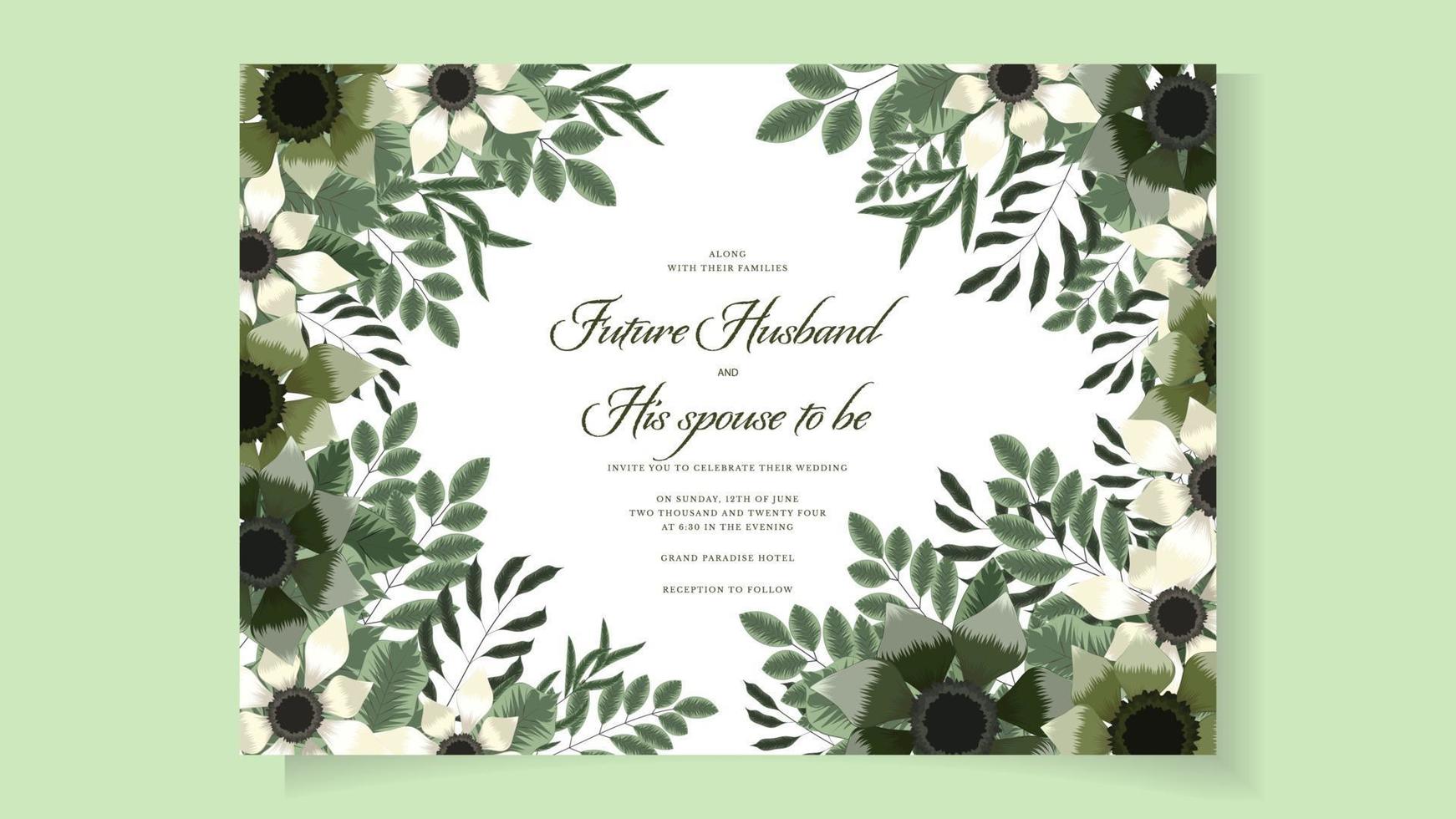 cartão de convite de casamento floral elegante conjunto moldura de flores e borda vetor