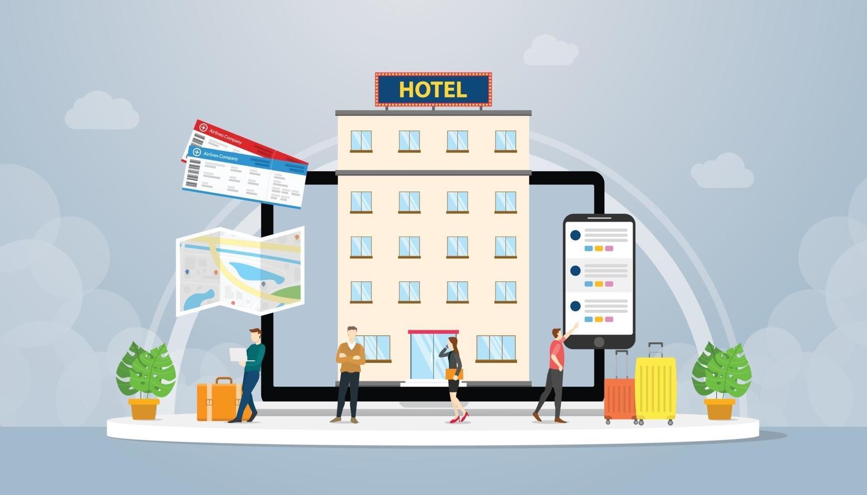 conceito de reserva de hotel online com bilhete, smartphone e mapas vetor