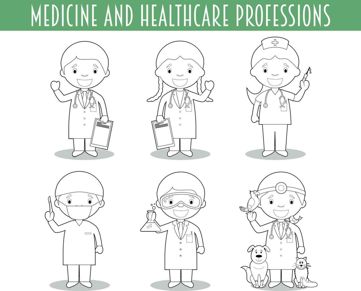 vetor conjunto do remédio e cuidados de saúde profissões para coloração dentro desenho animado estilo.