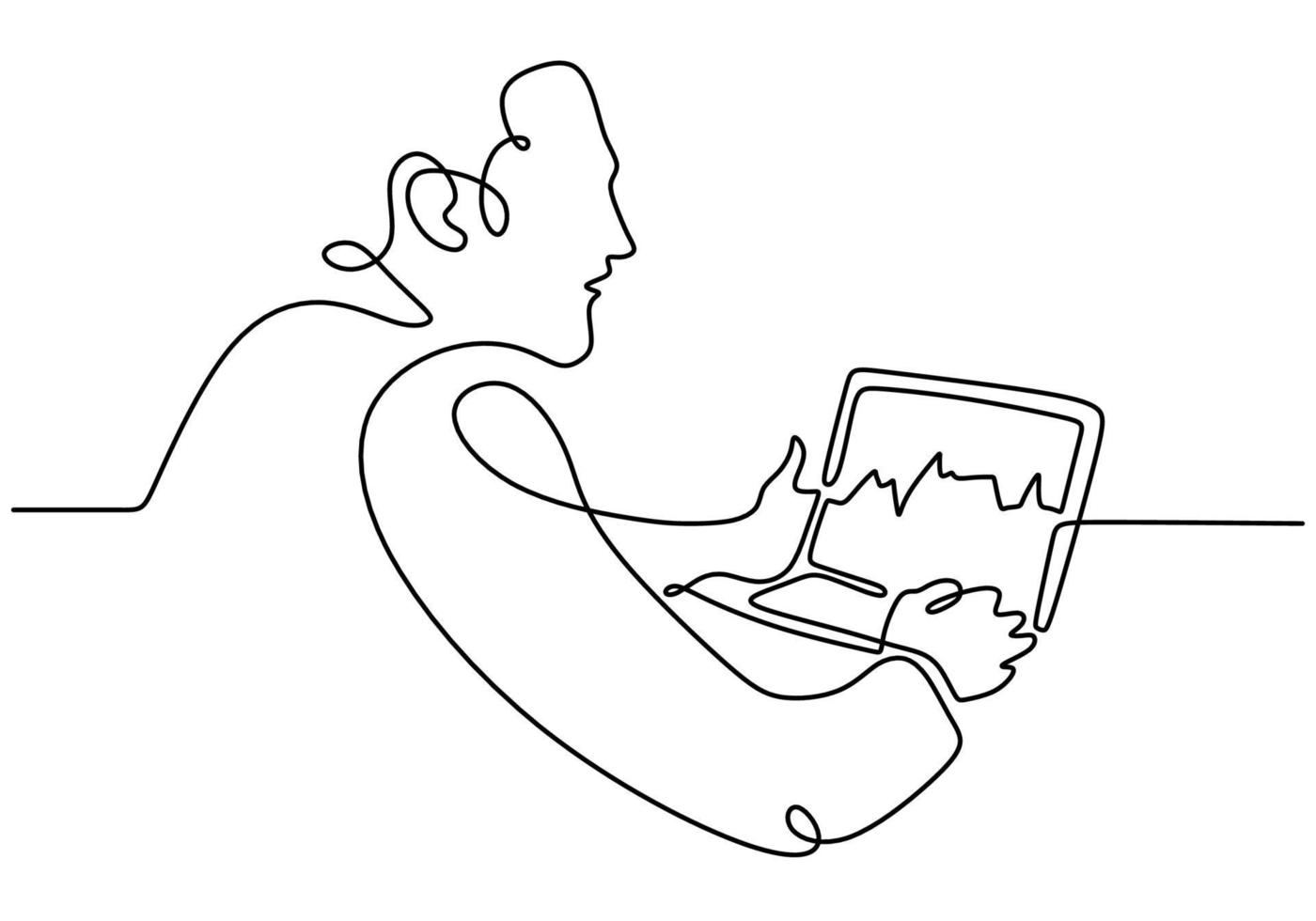 desenho de linha contínua de um homem sentado com um laptop vetor