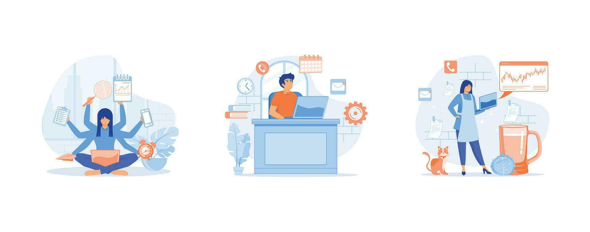 multitarefa. Tempo gerenciamento. o negócio pessoas fazendo muitos tarefas às a mesmo tempo. conjunto plano vetor moderno ilustração