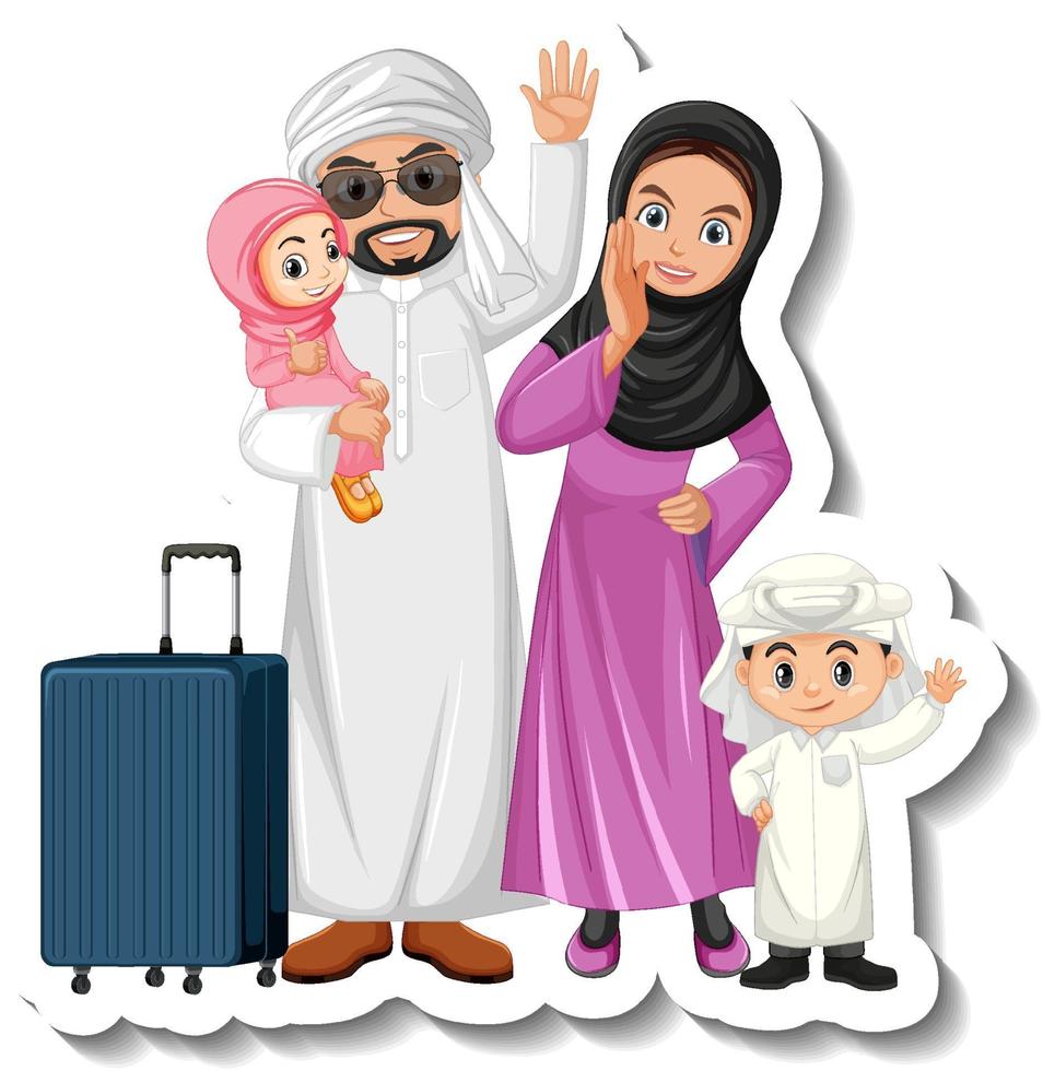 adesivo de personagem de desenho animado de família árabe feliz em fundo branco vetor