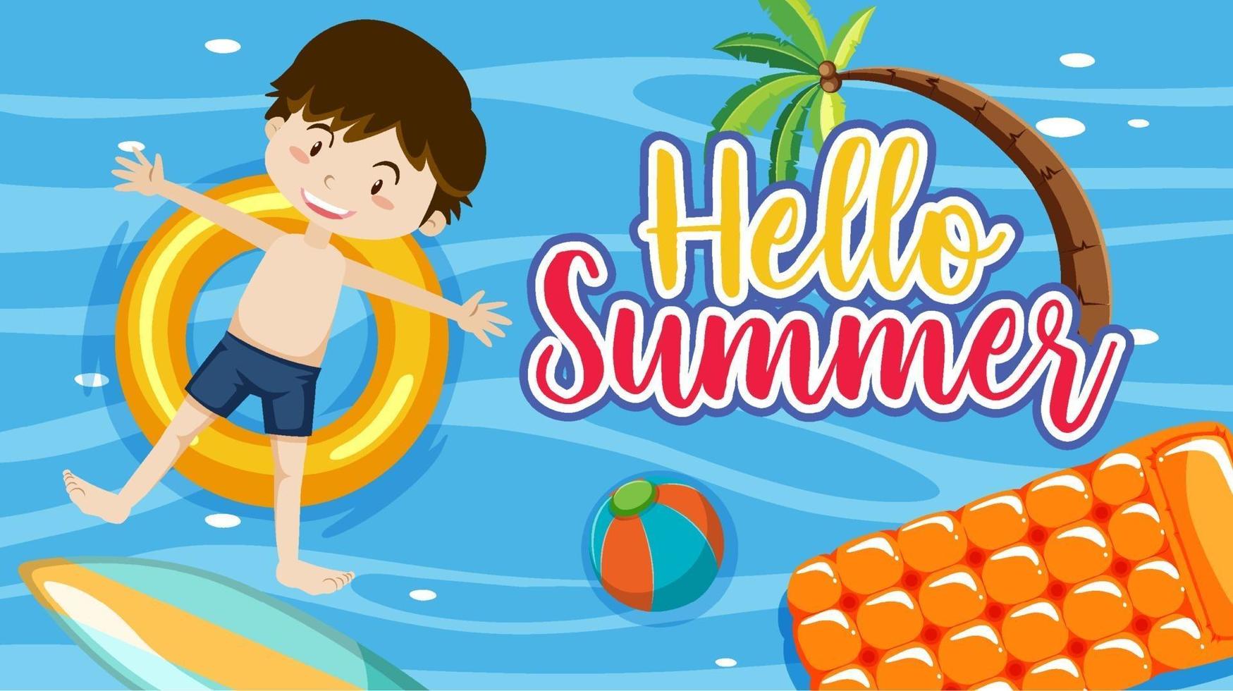Olá, banner de verão com um menino deitado na pista de natação na piscina vetor