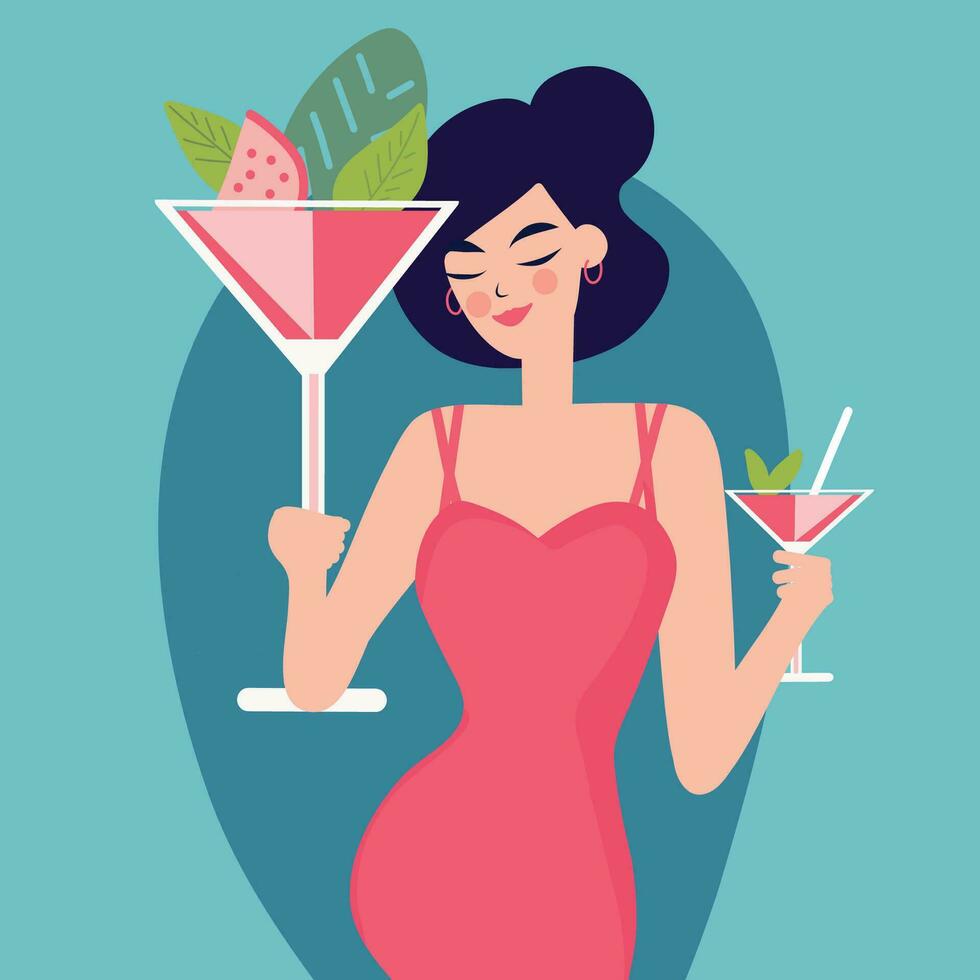 mulher com uma coquetel dentro dela mão promocional poster ou convite para uma de praia festa com uma vidro dentro plano ilustração estilo. cumprimento cartão vetor