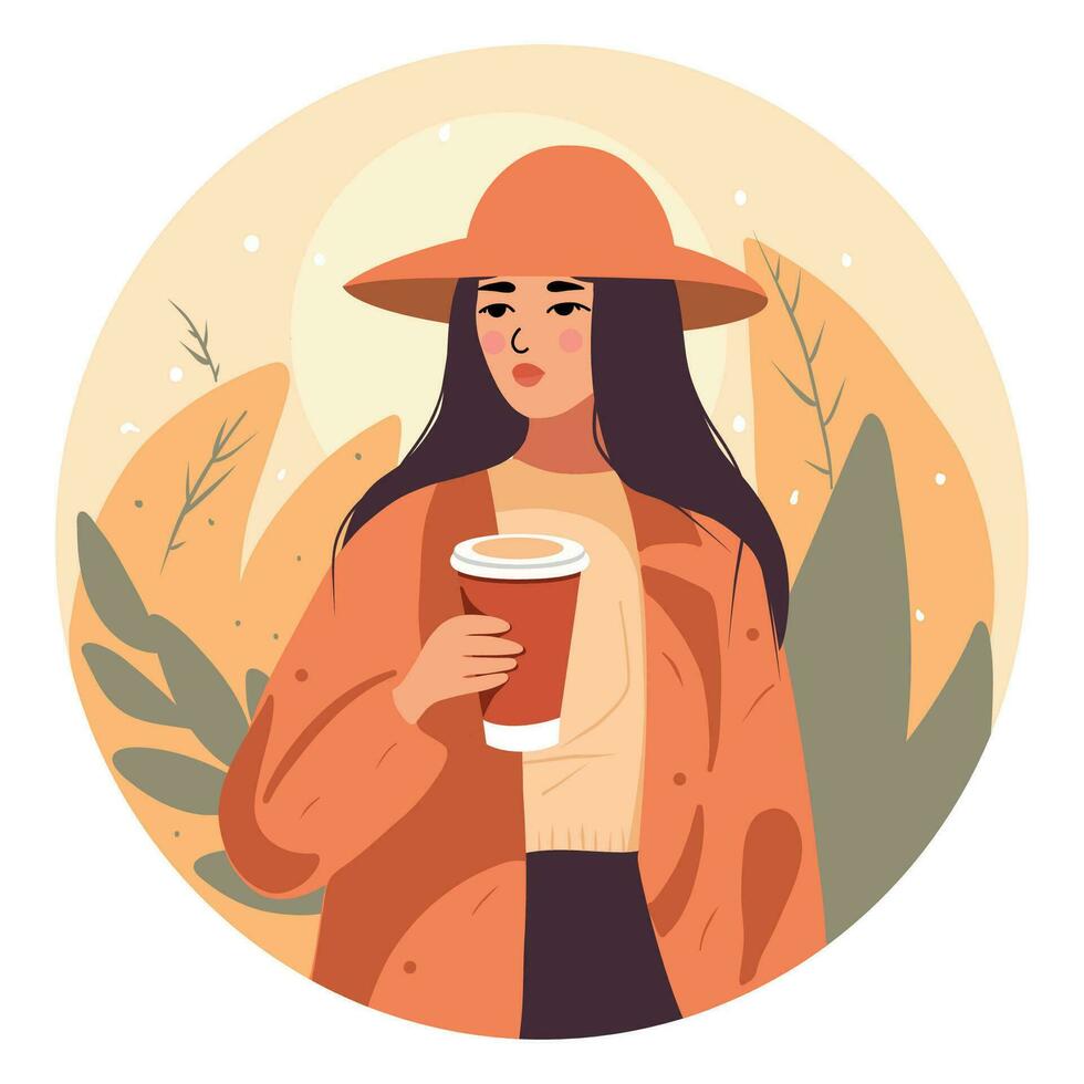 uma menina dentro uma chapéu bebidas café em a rua, uma mulher goza uma cappuccino dentro uma vidro caneca, uma jovem mulher detém uma copo do cafeteria, café para ir, plano vetor, □ Gentil tons vetor