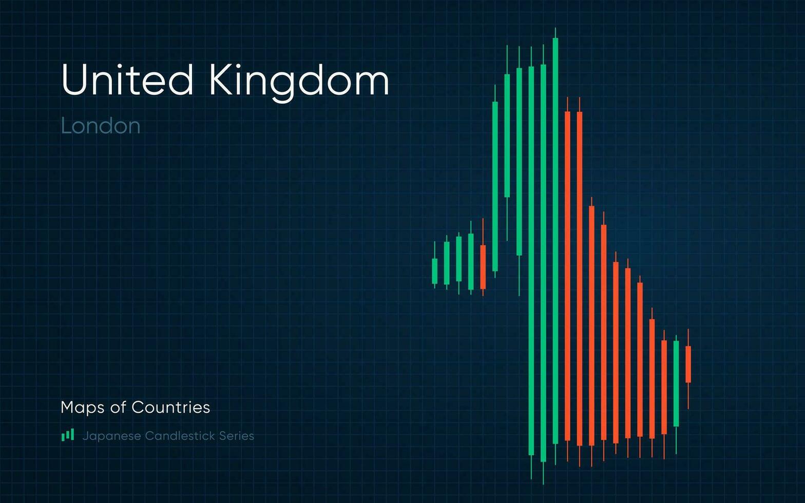 Unidos reino mapa é mostrando dentro uma gráfico com bares e linhas. japonês castiçal gráfico Series vetor