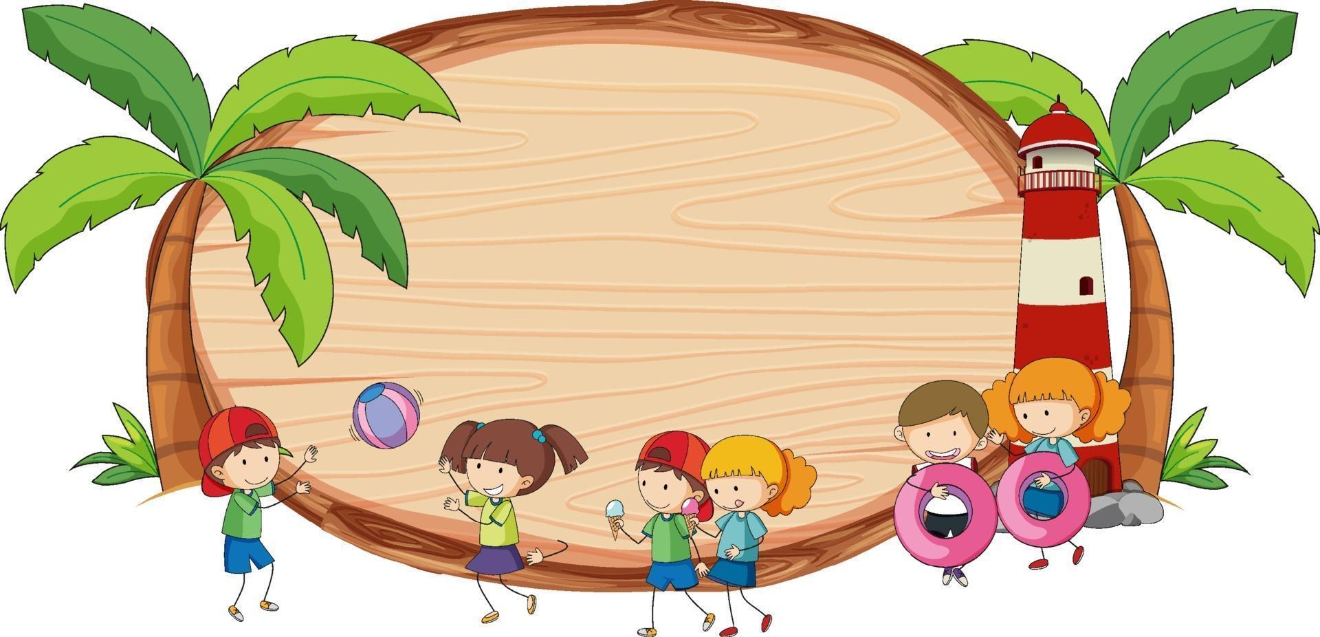 placa de madeira em branco em forma oval com crianças doodle personagem de desenho animado vetor
