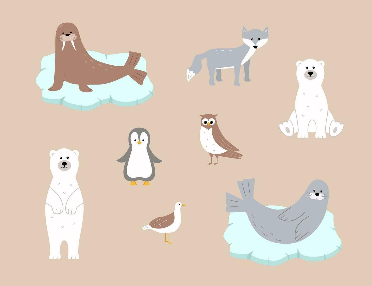 fofa ártico animais. vetor ilustração com engraçado polar animais. polar Urso morsa foca gaivota escriba coruja.