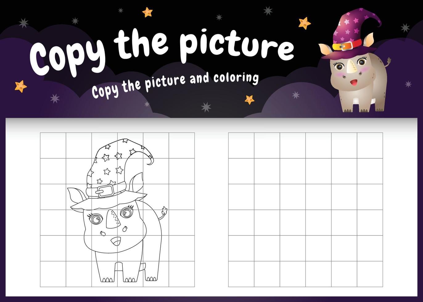 copie o jogo de crianças e a página para colorir com um lindo rinoceronte vetor