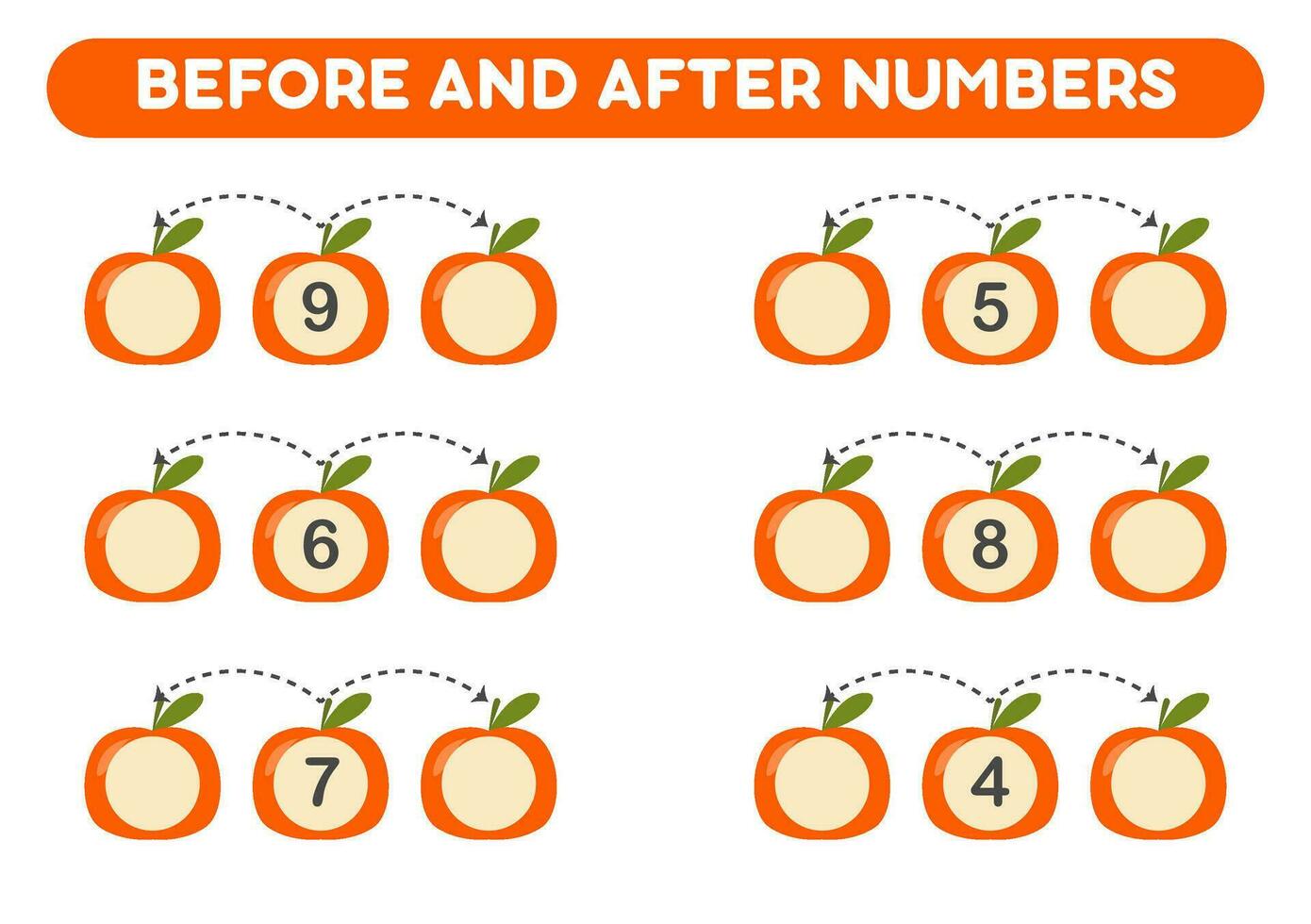 matemática jogos para crianças. antes e depois de números. imprimível fichas de trabalho. vetor