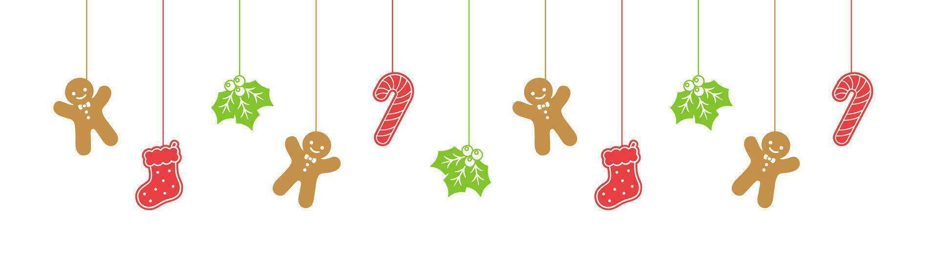 alegre Natal fronteira bandeira, suspensão Pão de gengibre biscoitos e visco festão. inverno feriado estação cabeçalho decoração. biscoitos dentro festivo formas modelo. vetor ilustração.