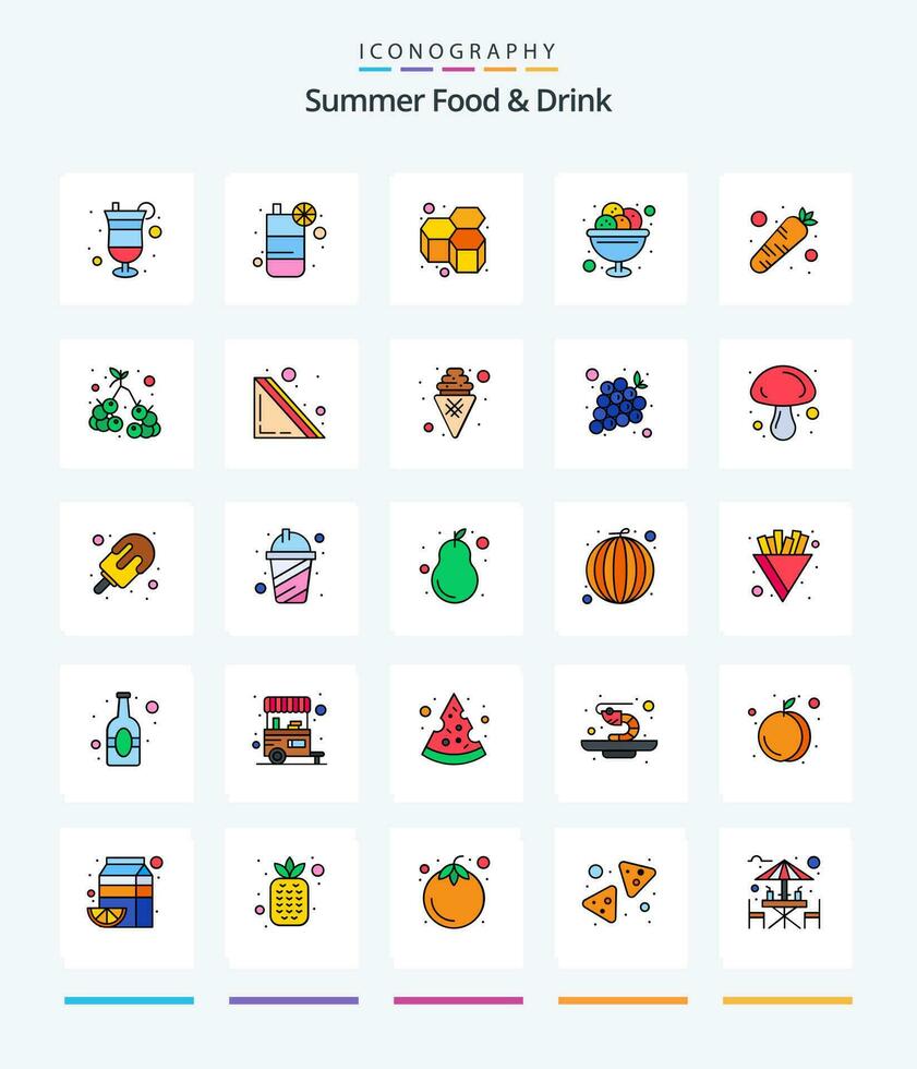 criativo verão Comida beber 25 linha preenchidas ícone pacote tal Como doce. sobremesa. limão. creme. doce vetor