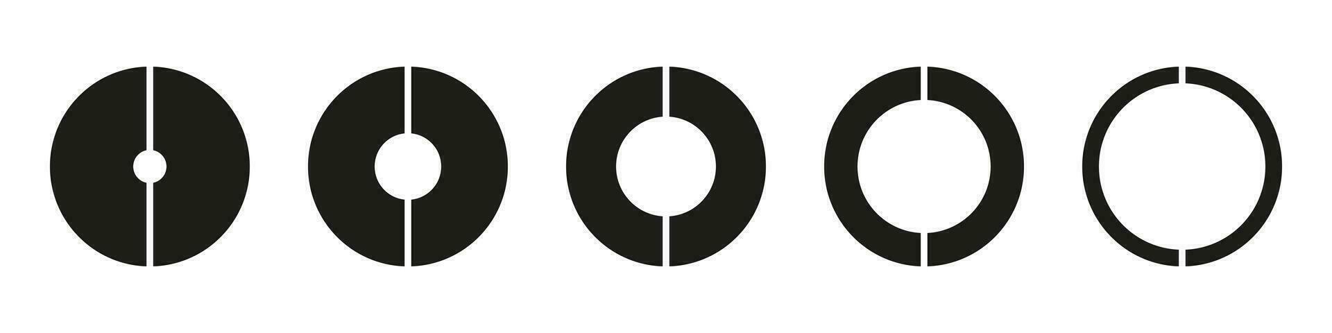 rodas volta dividido dentro dois Seções. diagramas infográfico definir. círculo seção gráfico. torta gráfico ícones. rosquinha gráficos ou tortas segmentado em 2 igual peças. geométrico elementos. vetor