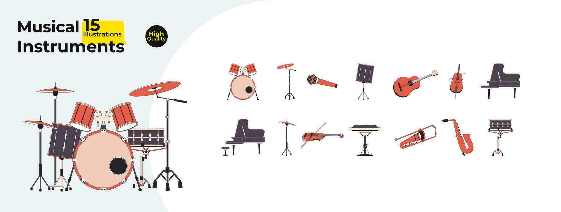 musical instrumentos 2d linear desenho animado objetos pacote. música desempenho equipamento isolado linha vetor elementos branco fundo. orquestra instrumentos cor plano local ilustração coleção