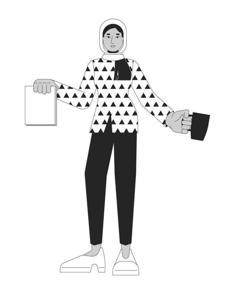 muçulmano hijab mulher segurando documentos, copo Preto e branco 2d linha desenho animado personagem. secretário servindo café isolado vetor esboço pessoa. árabe empresária monocromático plano local ilustração