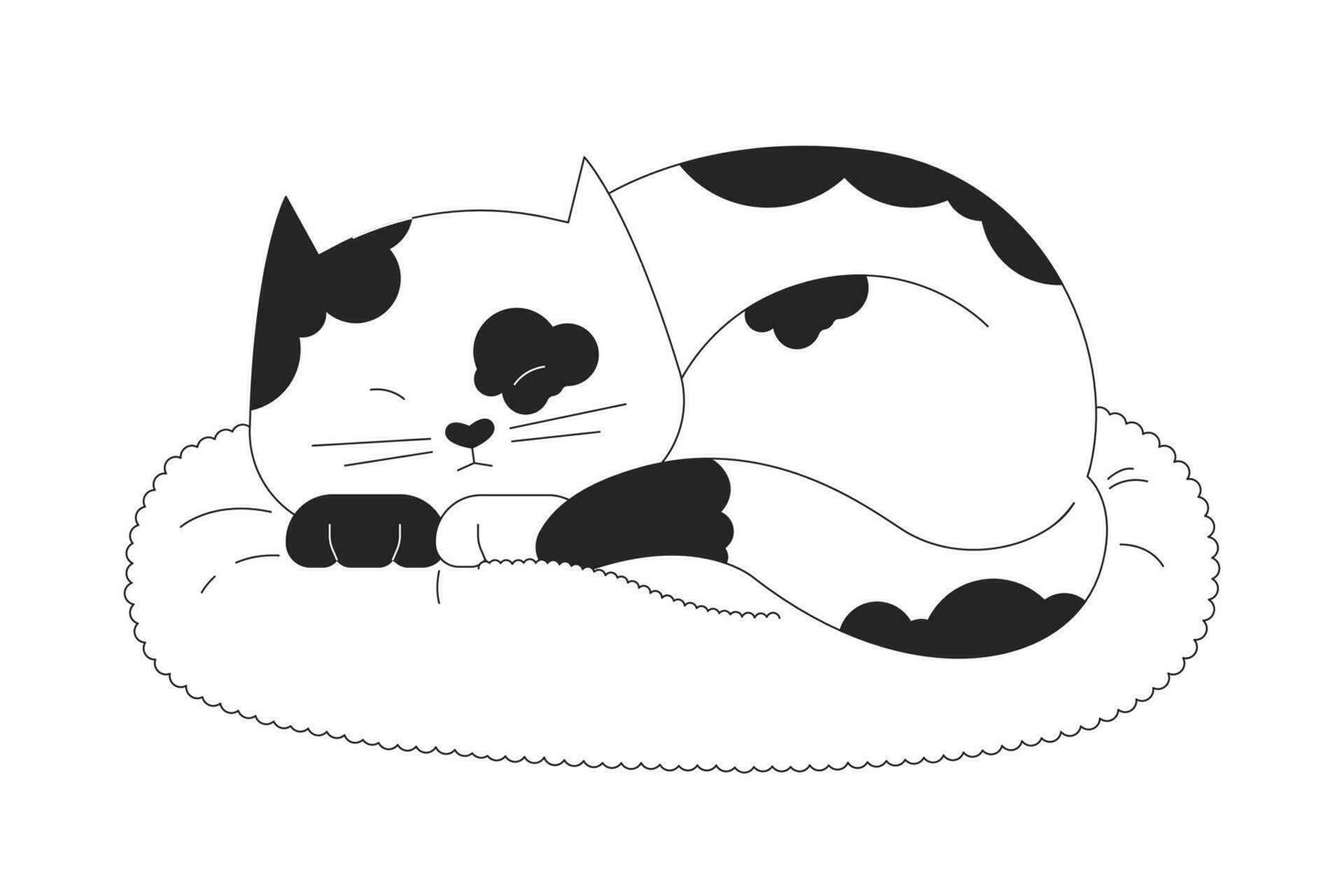 preguiçoso visto gato dormindo em travesseiro Preto e branco 2d linha desenho animado personagem. fofa gatinho isolado vetor esboço animal. confortável animal. gatinha deitado baixa monocromático plano local ilustração