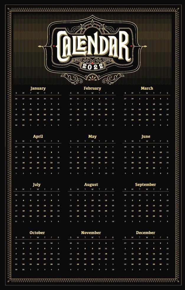 calendário vintage preto e dourado vetor