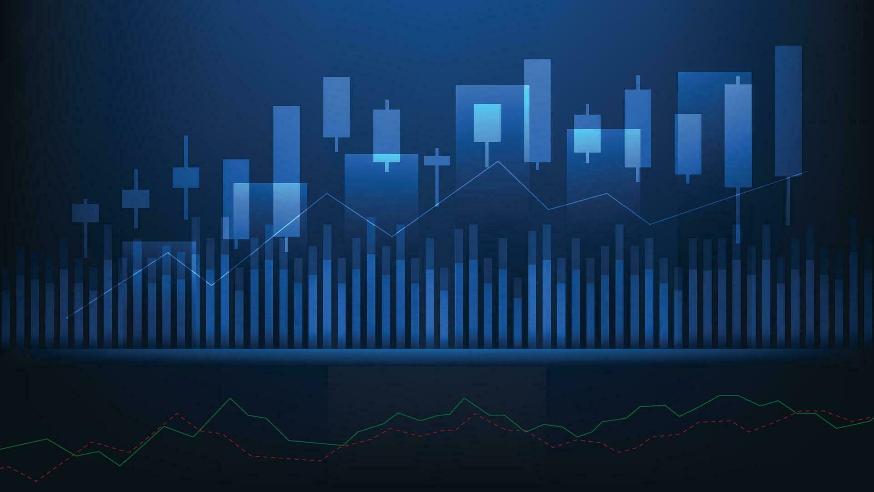 financeiro o negócio Estatisticas com Barra gráfico e castiçal gráfico mostrar estoque mercado preço em Sombrio azul fundo vetor