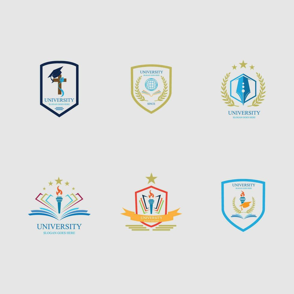 ícones vetoriais de universidade e academia. emblemas ou escudos para graduados do ensino médio em ciências marítimas ou direito. fitas e emblemas de chapéu de solteiro, coroa de louros, modelo de logotipo vetorial vetor