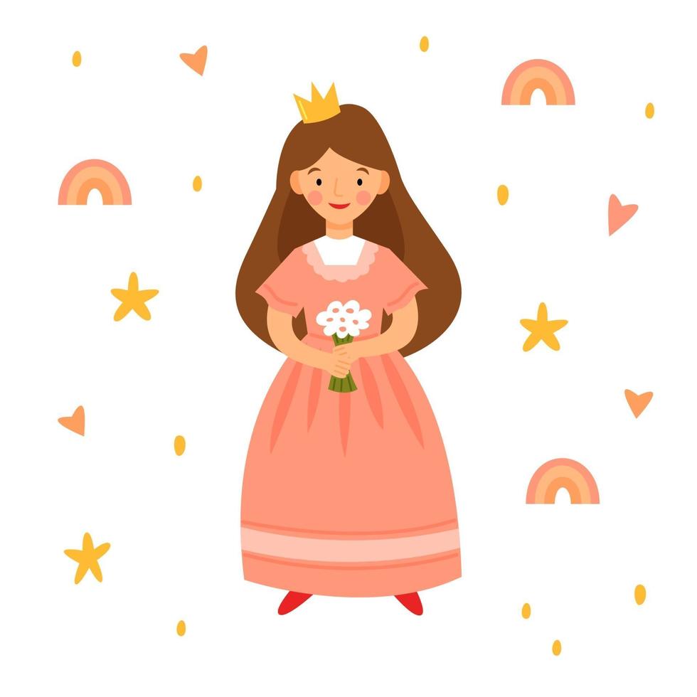 princesinha fofa em um vestido rosa com um buquê de flores. vetor