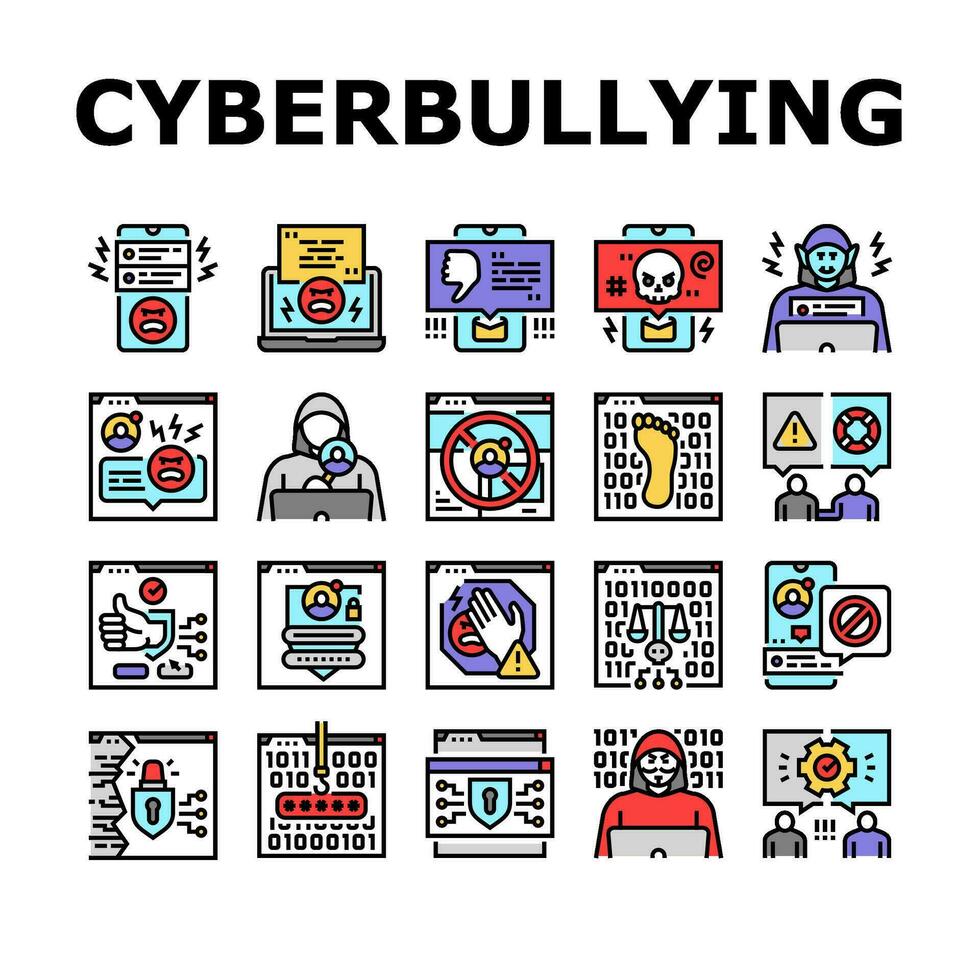 cyberbullying cyber conectados ícones conjunto vetor