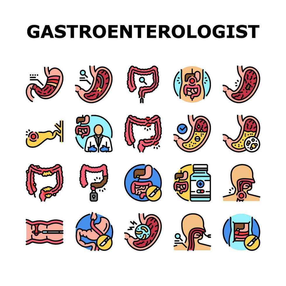 gastroenterologista médico estômago ícones conjunto vetor