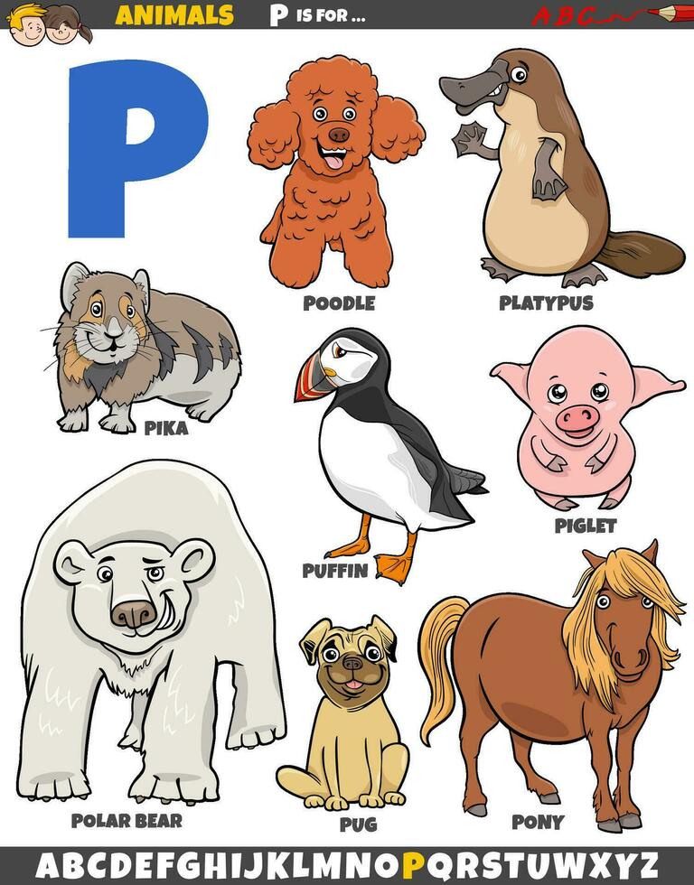 desenho animado animal personagens para carta p educacional conjunto vetor
