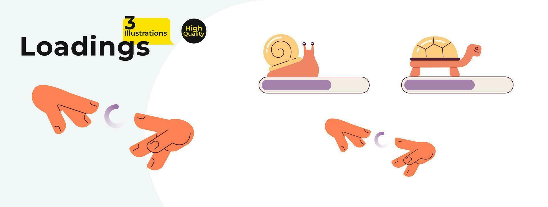 Caracol tartaruga Carregando bares, spinner vetor ilustração pacote. dois mãos alcançando fora. rede carregadores ui ux. por favor espere. gráfico do utilizador interface coleção. desenho animado plano Projeto em branco fundo