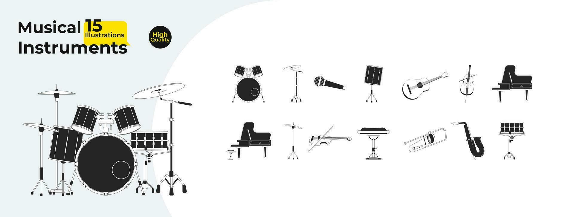 musical instrumentos Preto e branco 2d linha desenho animado objetos pacote. música desempenho equipamento isolado vetor esboço Itens coleção. orquestra monocromático plano local ilustração coleção