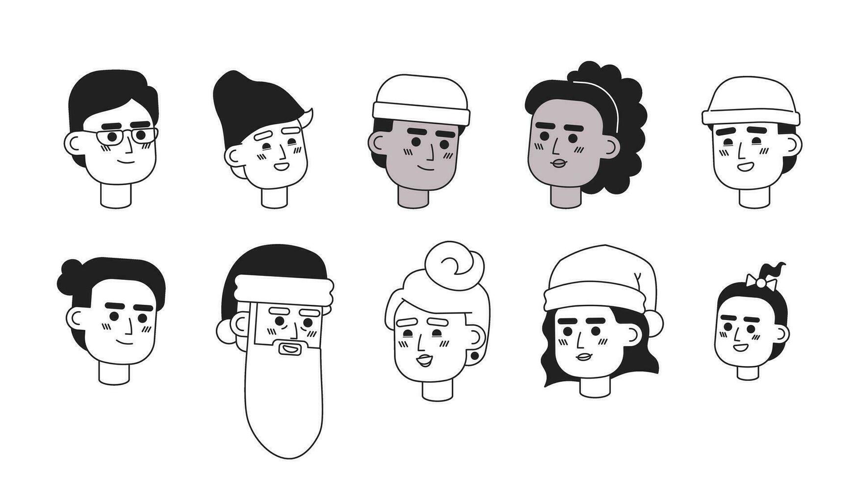 Natal a comemorar Preto e branco 2d vetor avatar ilustração pacote. festivo natal homens, mulheres esboço desenho animado personagem rostos isolado. diversidade plano do utilizador perfil imagem coleção, retratos