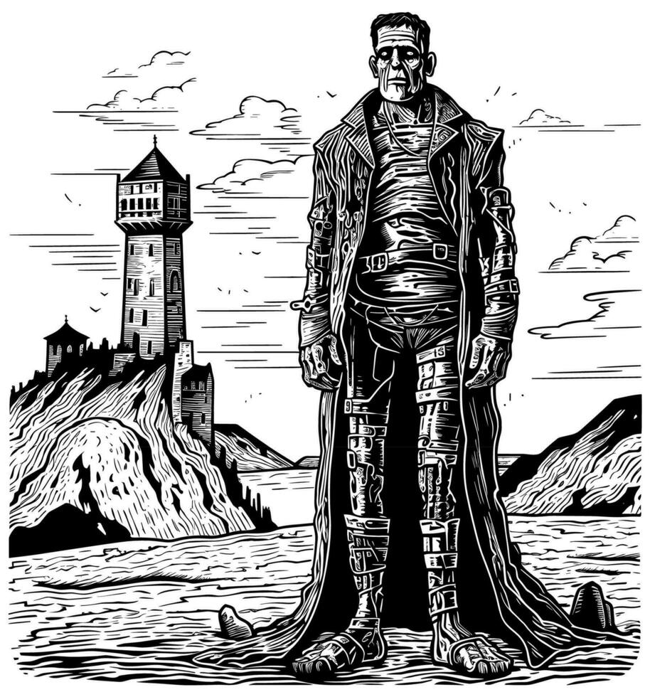 Frankenstein monstro linogravura vetor