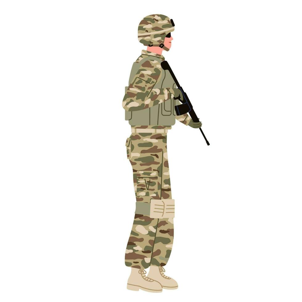 soldado, militares homem, vestindo oculos de sol segurando uma rifle isolado. lateralmente posição. plano vetor ilustração.
