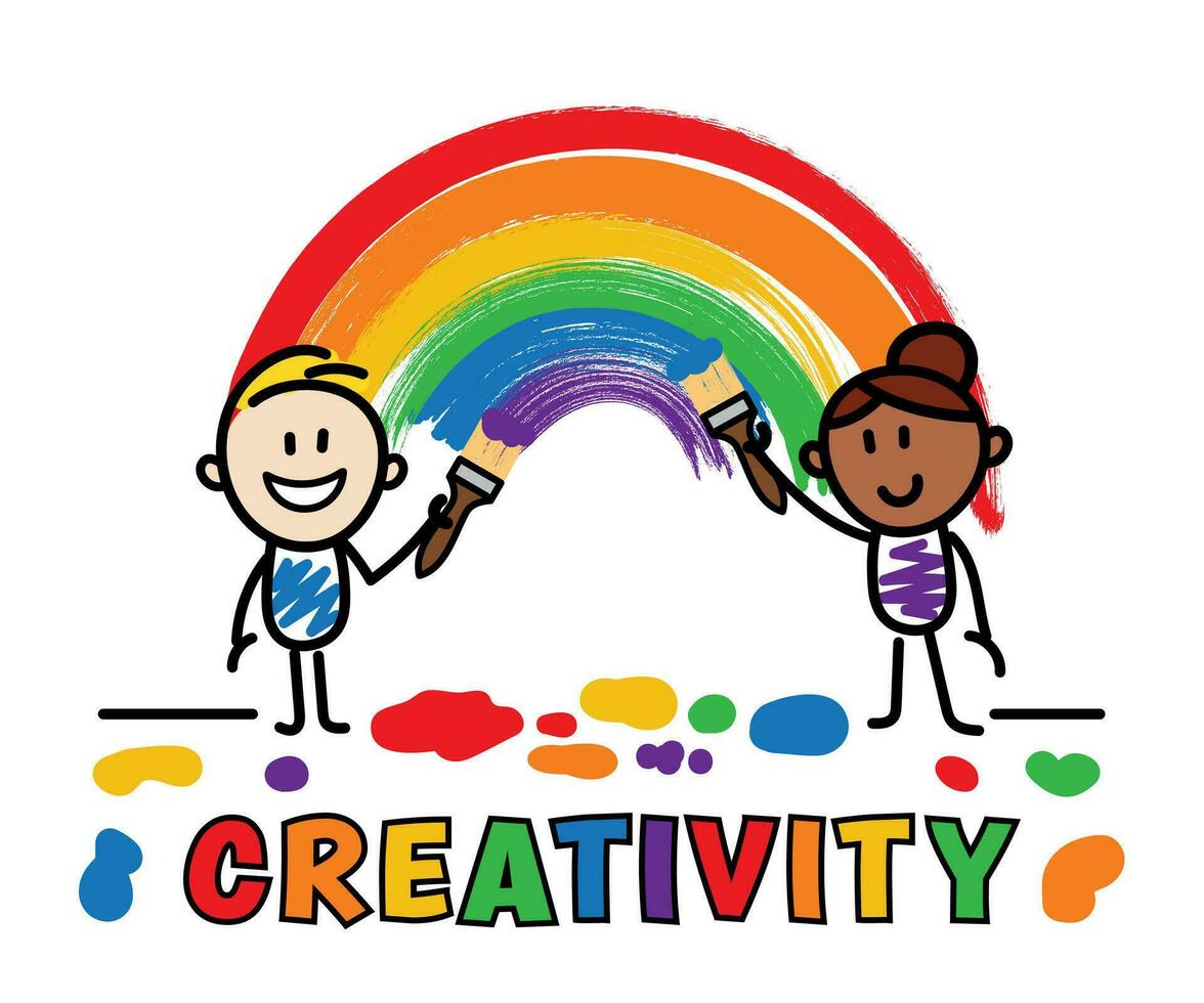 bastão figura, colorida pessoas, pintura arco-íris, criatividade, mensagem para crianças, feliz pessoas pintura, rabisco arte vetor