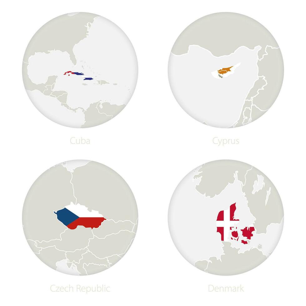 Cuba, Chipre, tcheco república, Dinamarca mapa contorno e nacional bandeira dentro uma círculo. vetor