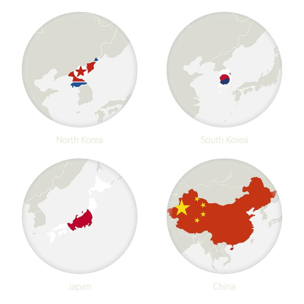 norte Coréia, sul Coréia, Japão, China mapa contorno e nacional bandeira dentro uma círculo. vetor