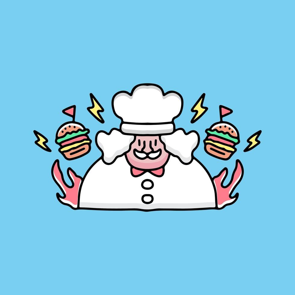 velho chef com desenho de hambúrguer, ilustração para adesivos. vetor