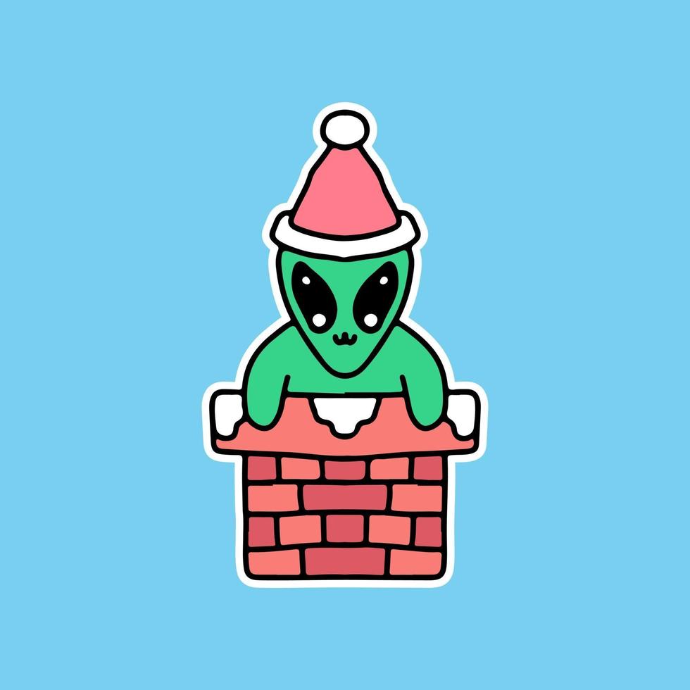 alienígena usando chapéu de Papai Noel na chaminé, para adesivos vetor