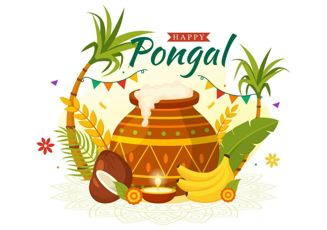 feliz pongal vetor ilustração do tradicional tamil nadu Índia festival celebração com cana de açúcar e prato do religioso adereços dentro plano fundo