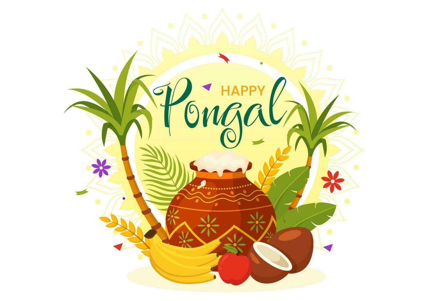 feliz pongal vetor ilustração do tradicional tamil nadu Índia festival celebração com cana de açúcar e prato do religioso adereços dentro plano fundo