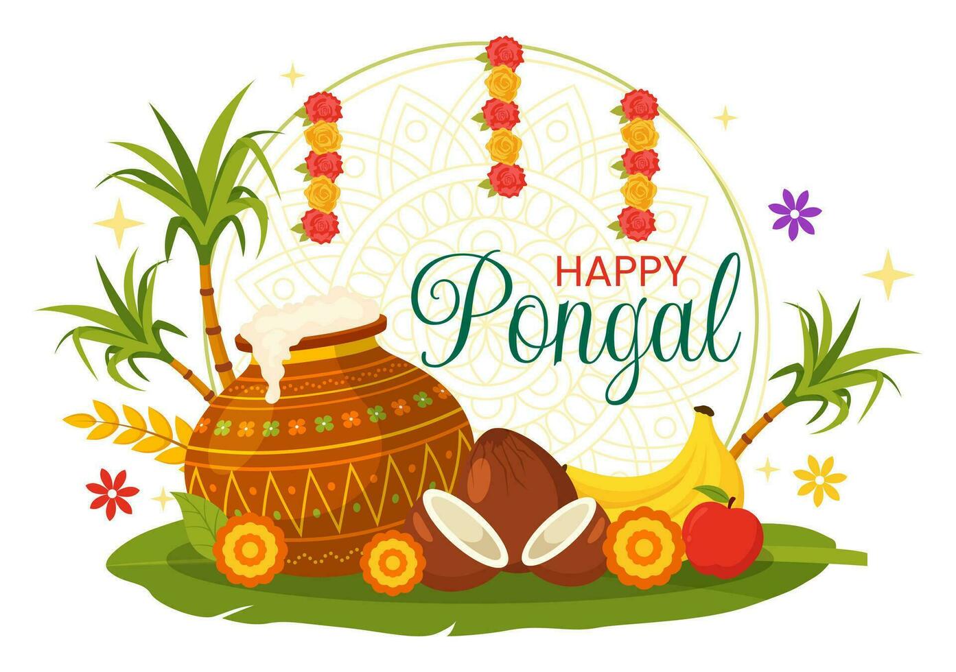 feliz pongal vetor ilustração do tradicional tamil nadu Índia festival celebração com cana de açúcar e prato do religioso adereços dentro plano fundo