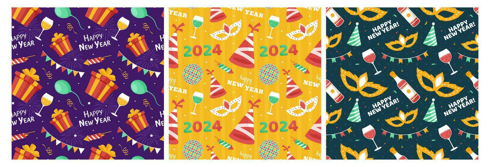 conjunto do feliz Novo ano 2024 desatado padronizar ilustração com elementos Novo anos fundo Projeto vetor
