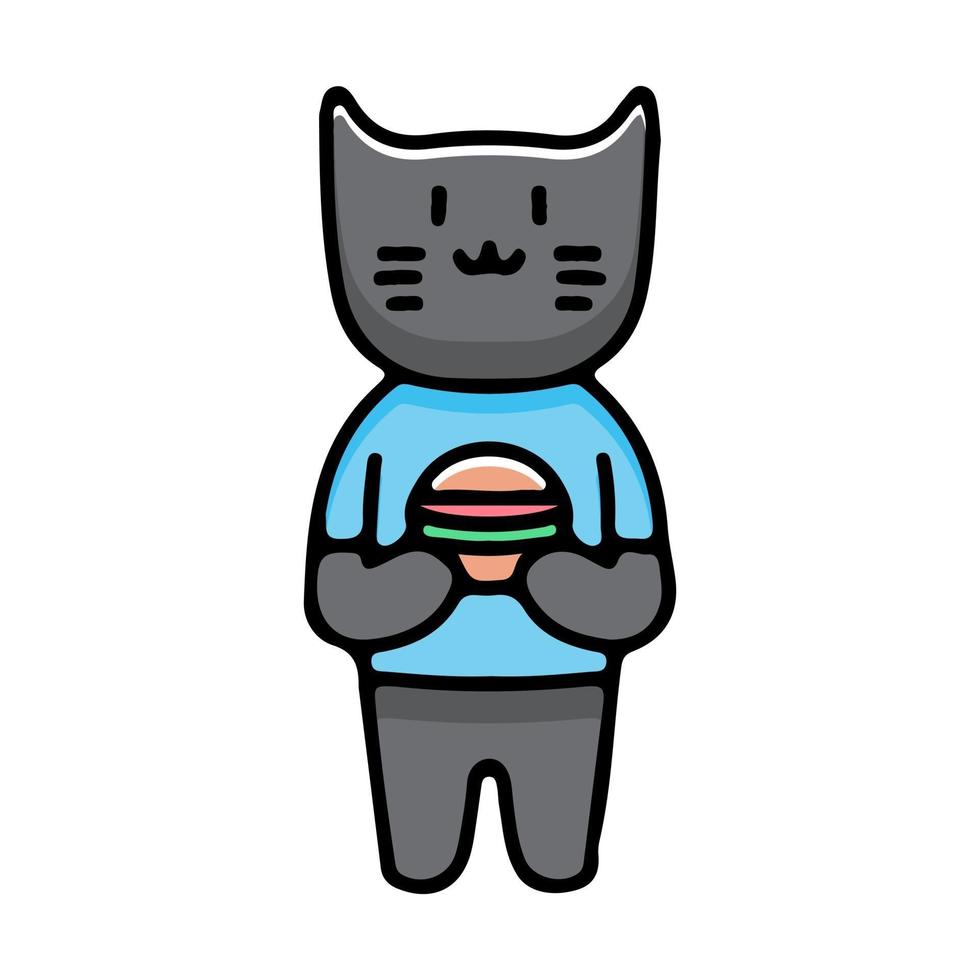 gato preto bonito segurando hambúrguer, ilustração para adesivos e camiseta. vetor